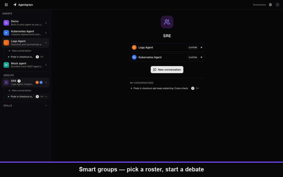 Agentgram: streaming chat, smart groups with an LLM moderator, admin, and one MCP endpoint