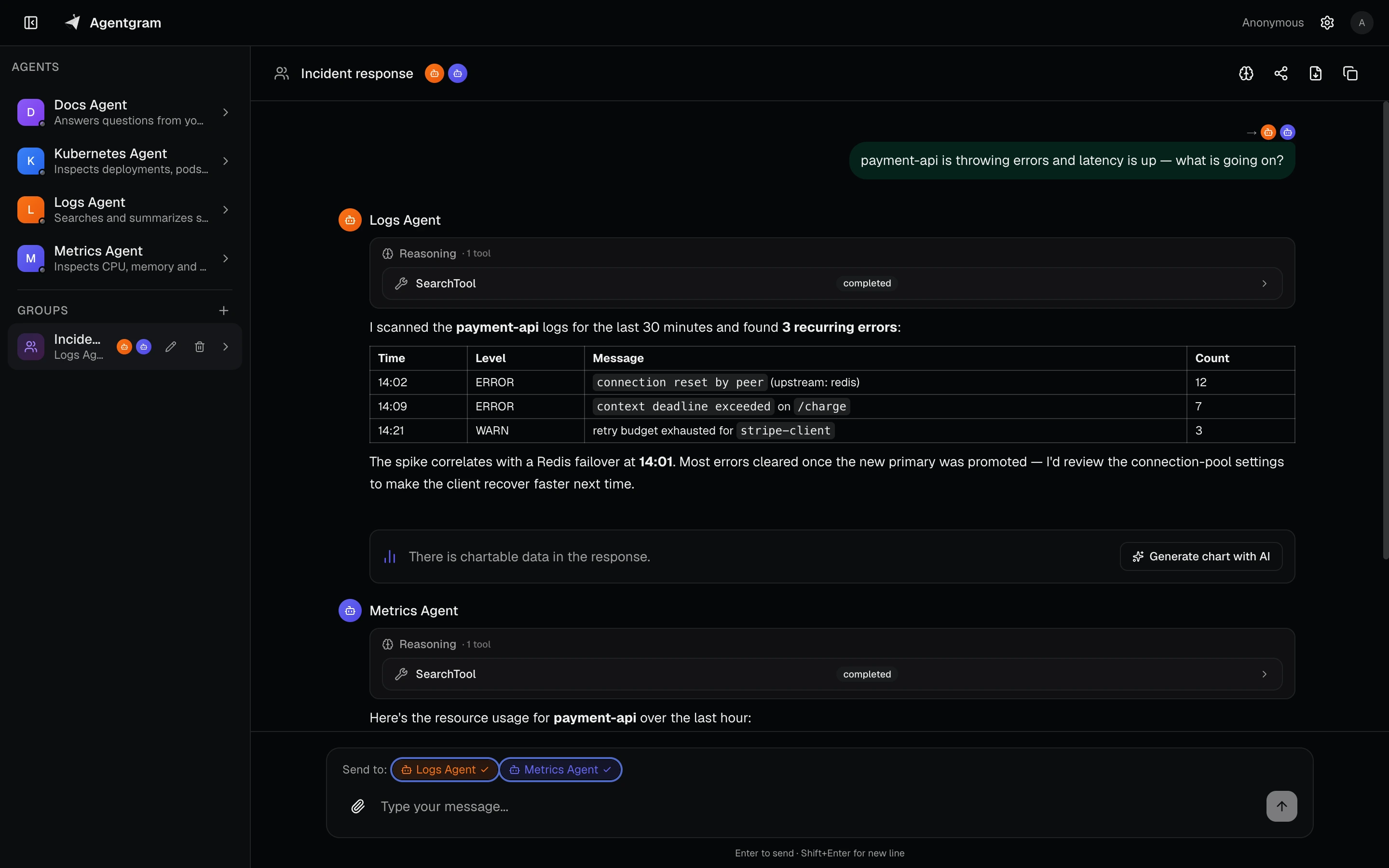 A multi-agent group thread where one question is routed to both the Logs and Metrics agents.