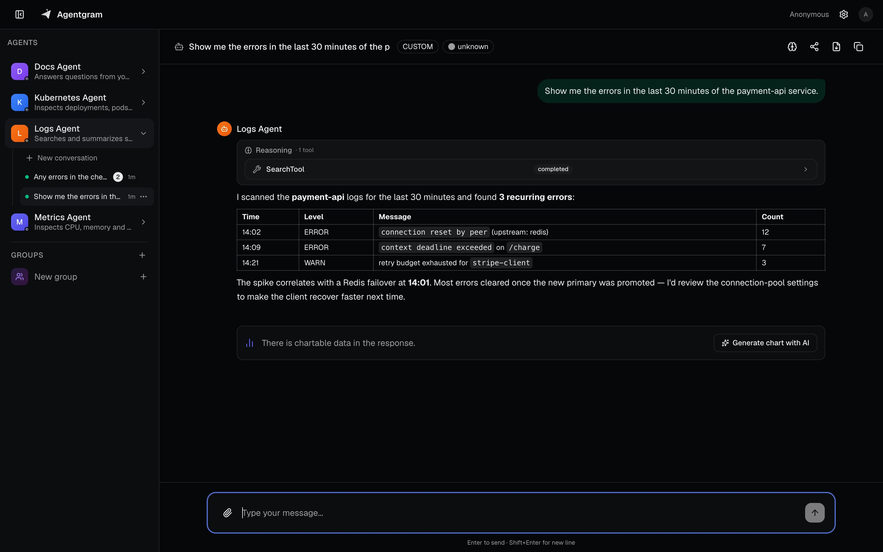 Chatting with a single agent: streaming markdown answer with a collapsed tool call and a results table.